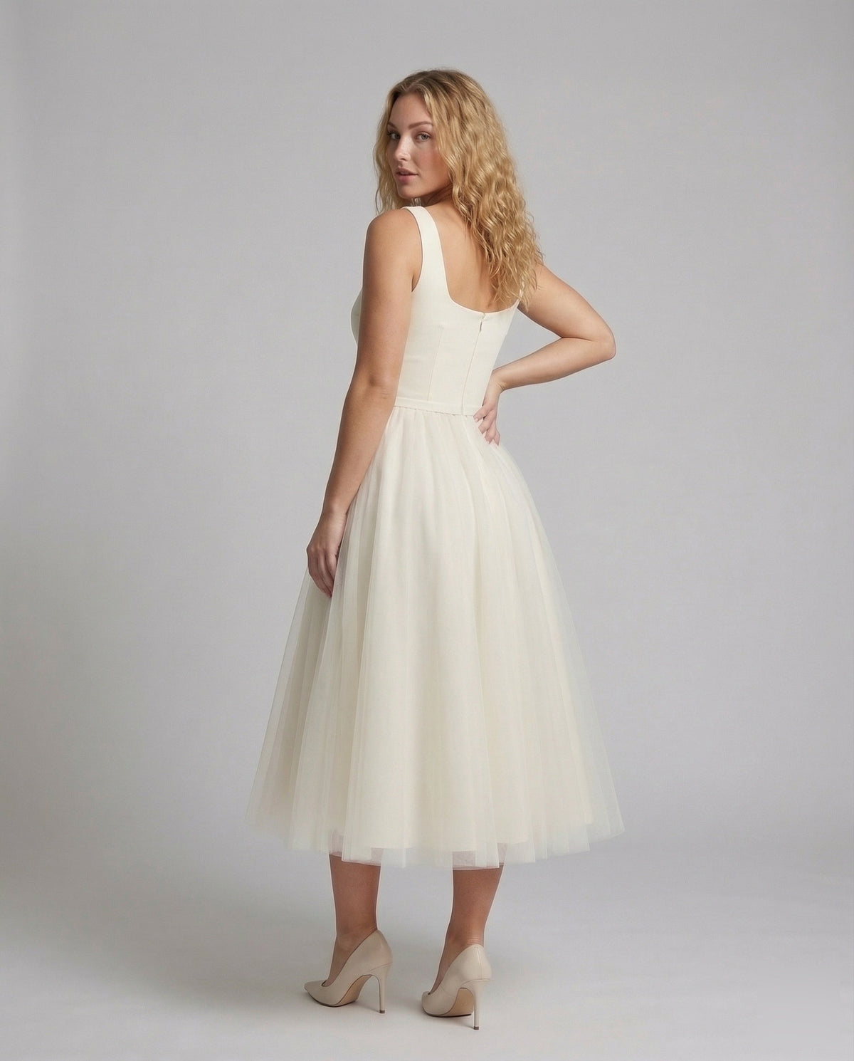 Women's Strap Evening Dress with Tulle Skirt - Back View