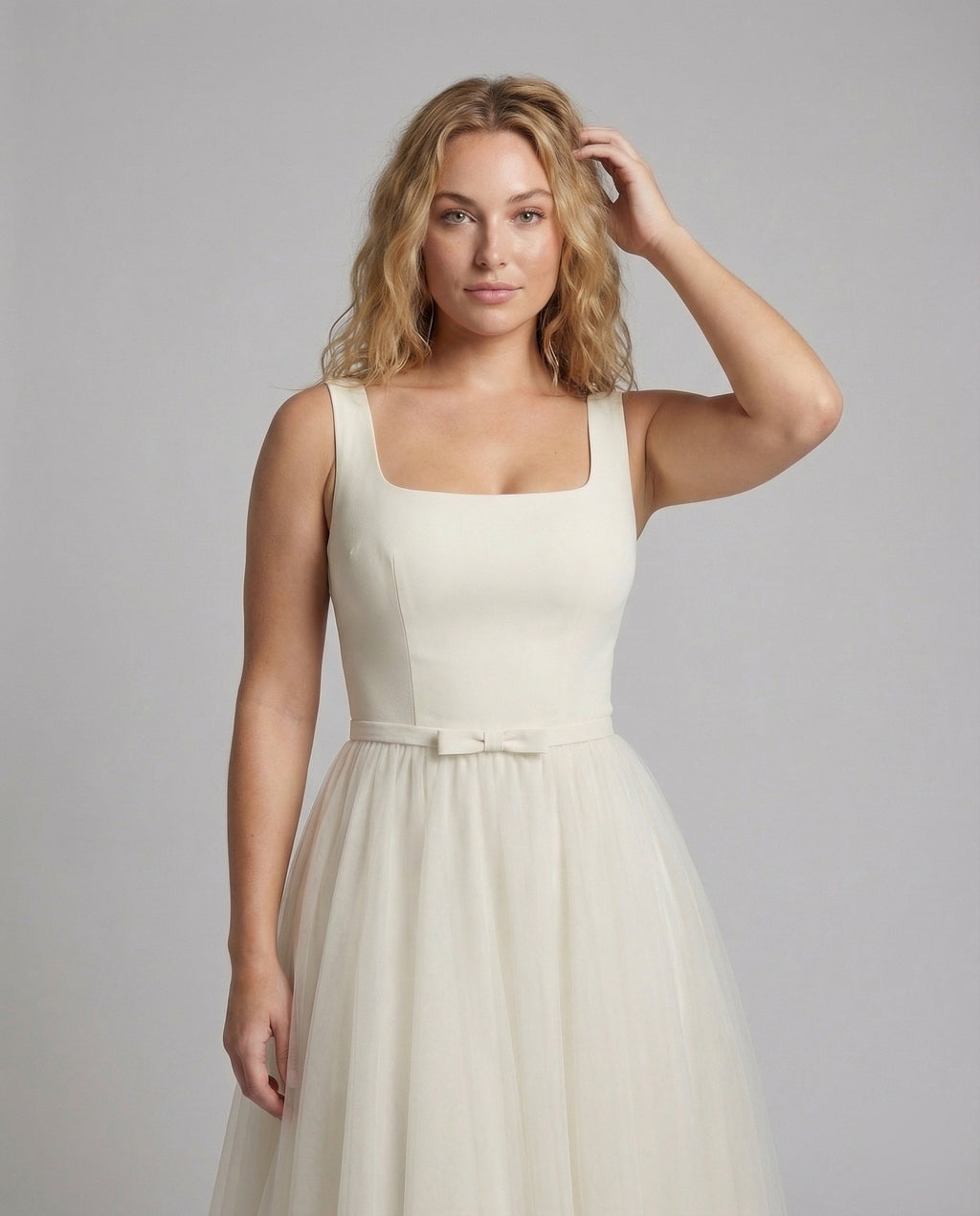 Women's Strap Evening Dress with Tulle Skirt - Upper Body View