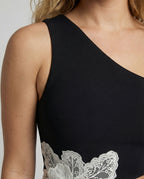 Women's Fitted Evening Dress with Asymmetrical Neckline - Close-Up Detail