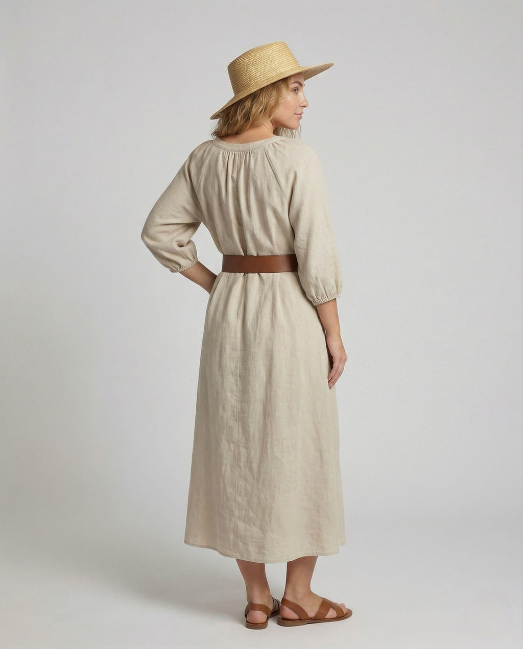 Women's Cotton Maxi Dress with Balloon Sleeves - Back View