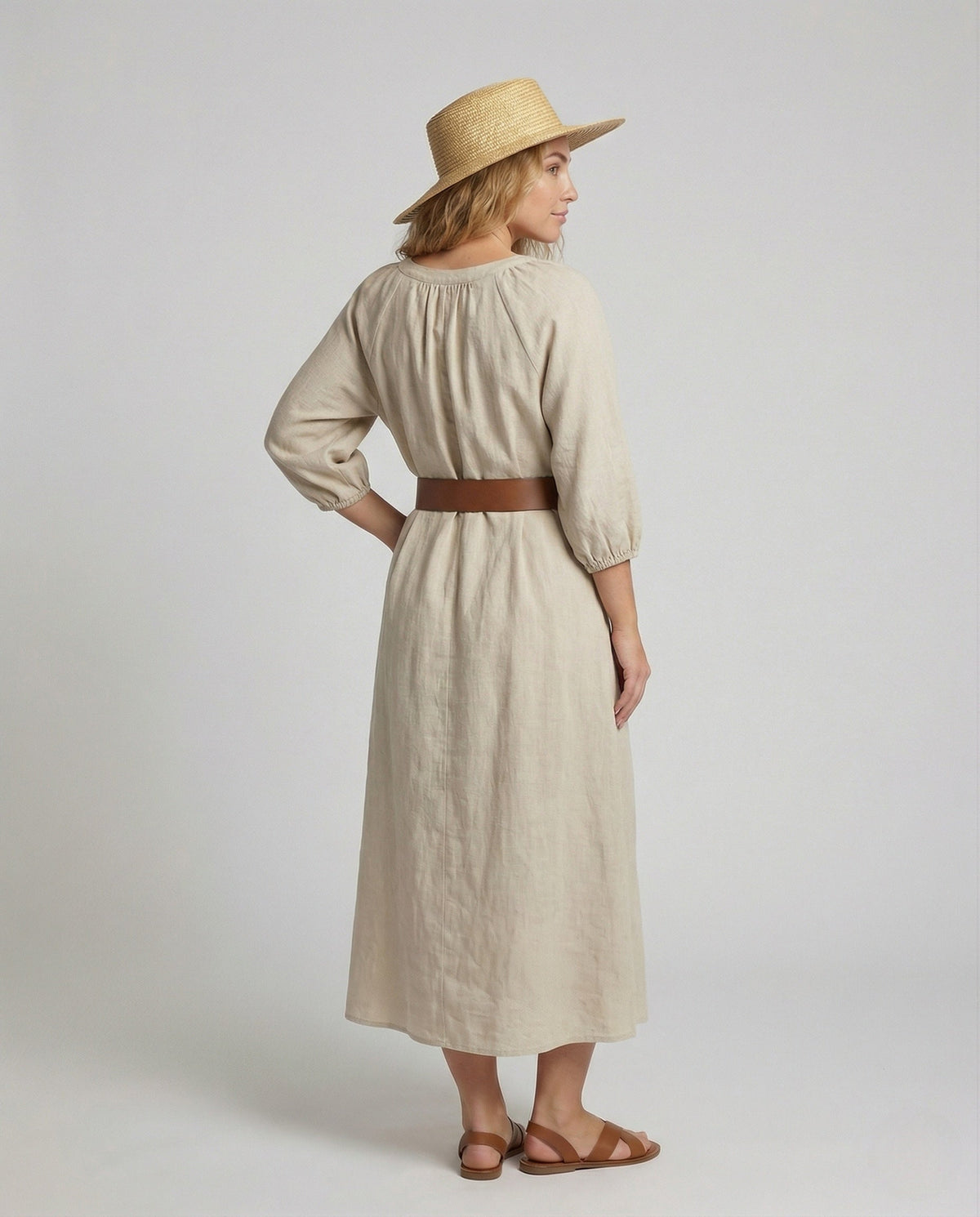 Women's Cotton Maxi Dress with Balloon Sleeves - Back View