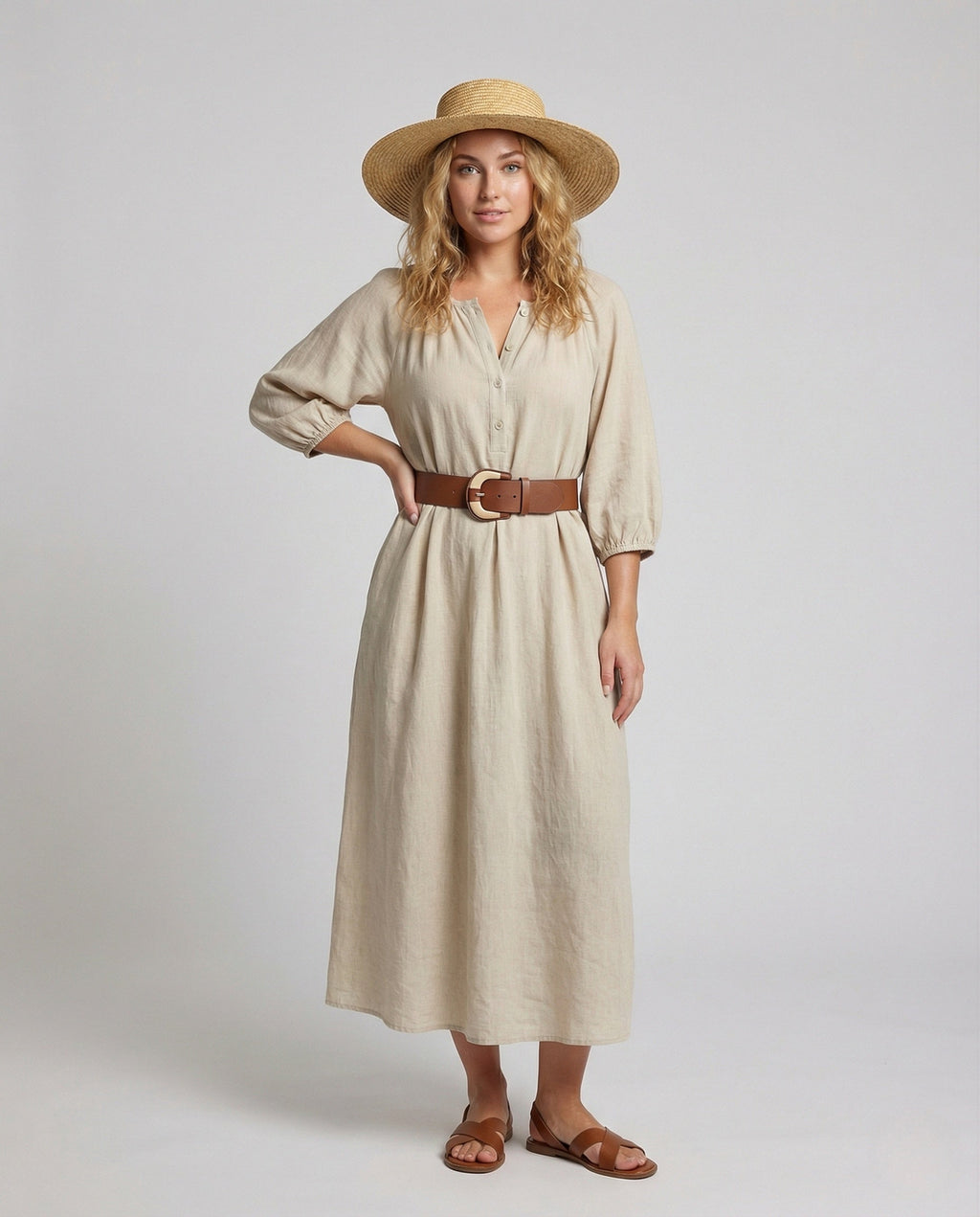Women's Cotton Maxi Dress with Balloon Sleeves - Front View