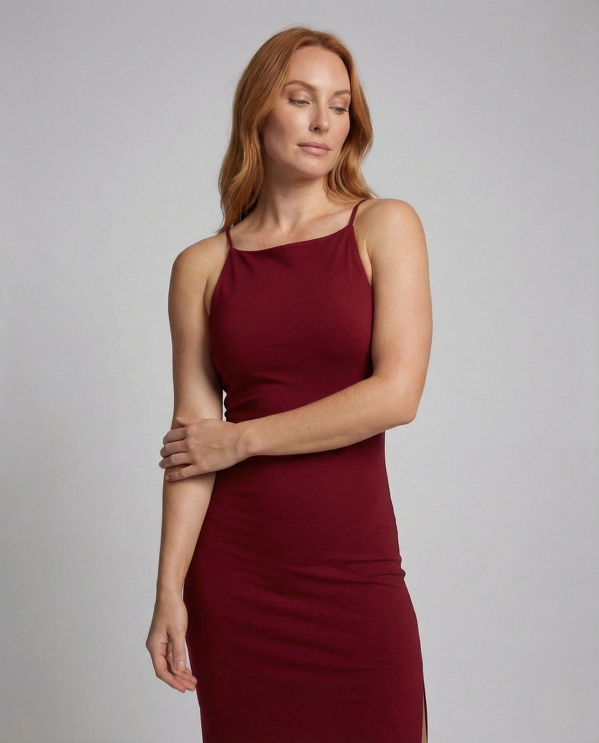 Women's Figure-Hugging Evening Dress with Leg Slit - Upper Body View