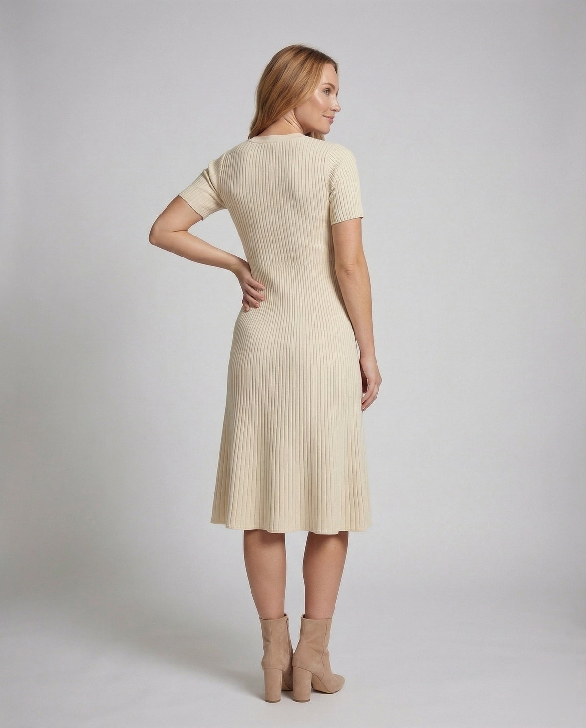 Women's Ribbed Knit Midi Dress with V-Neck - Back View