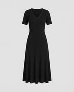 Women's Ribbed Knit Midi Dress with V-Neck