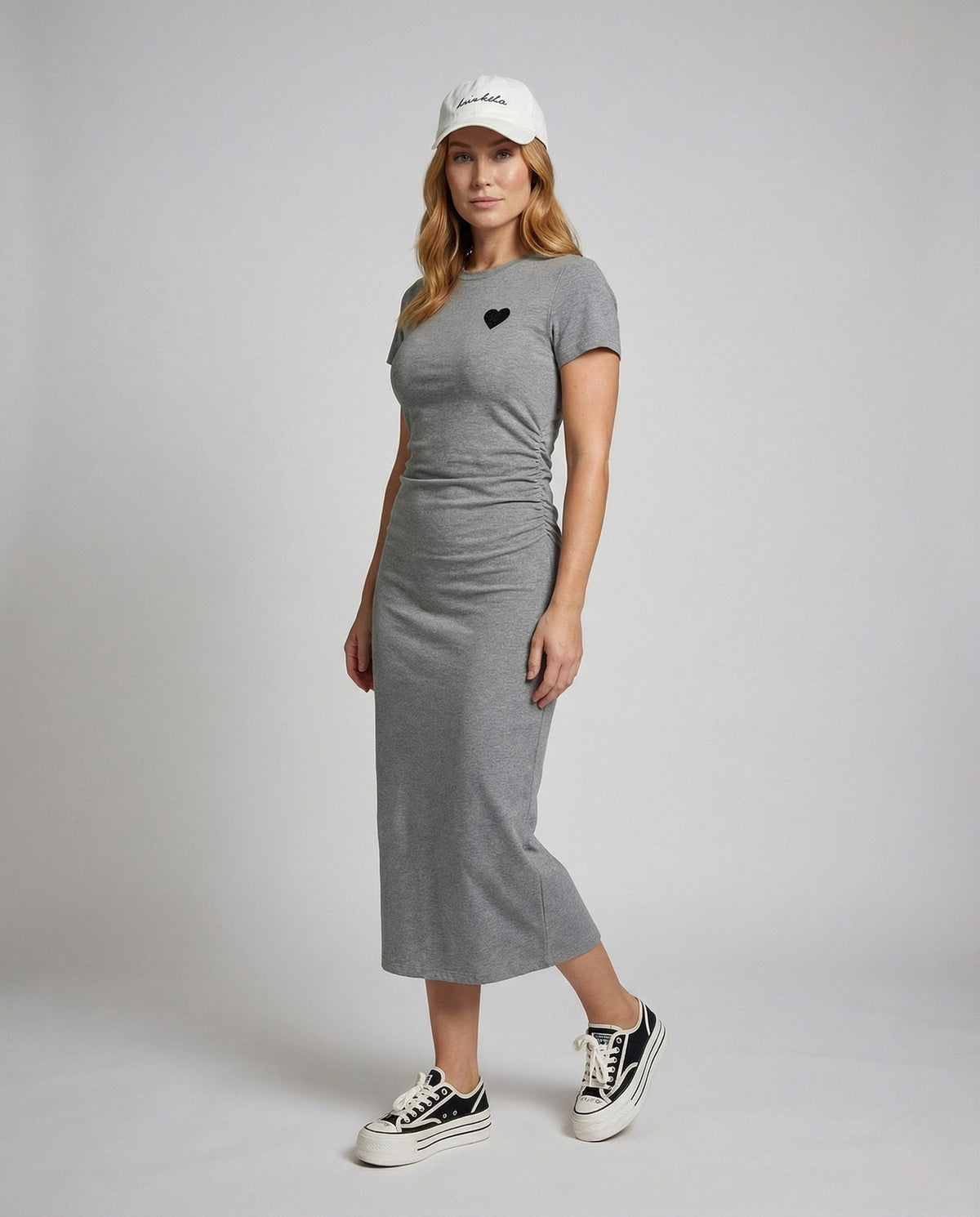 Women's Ribbed Midi Dress with Heart Appliqué - Front View