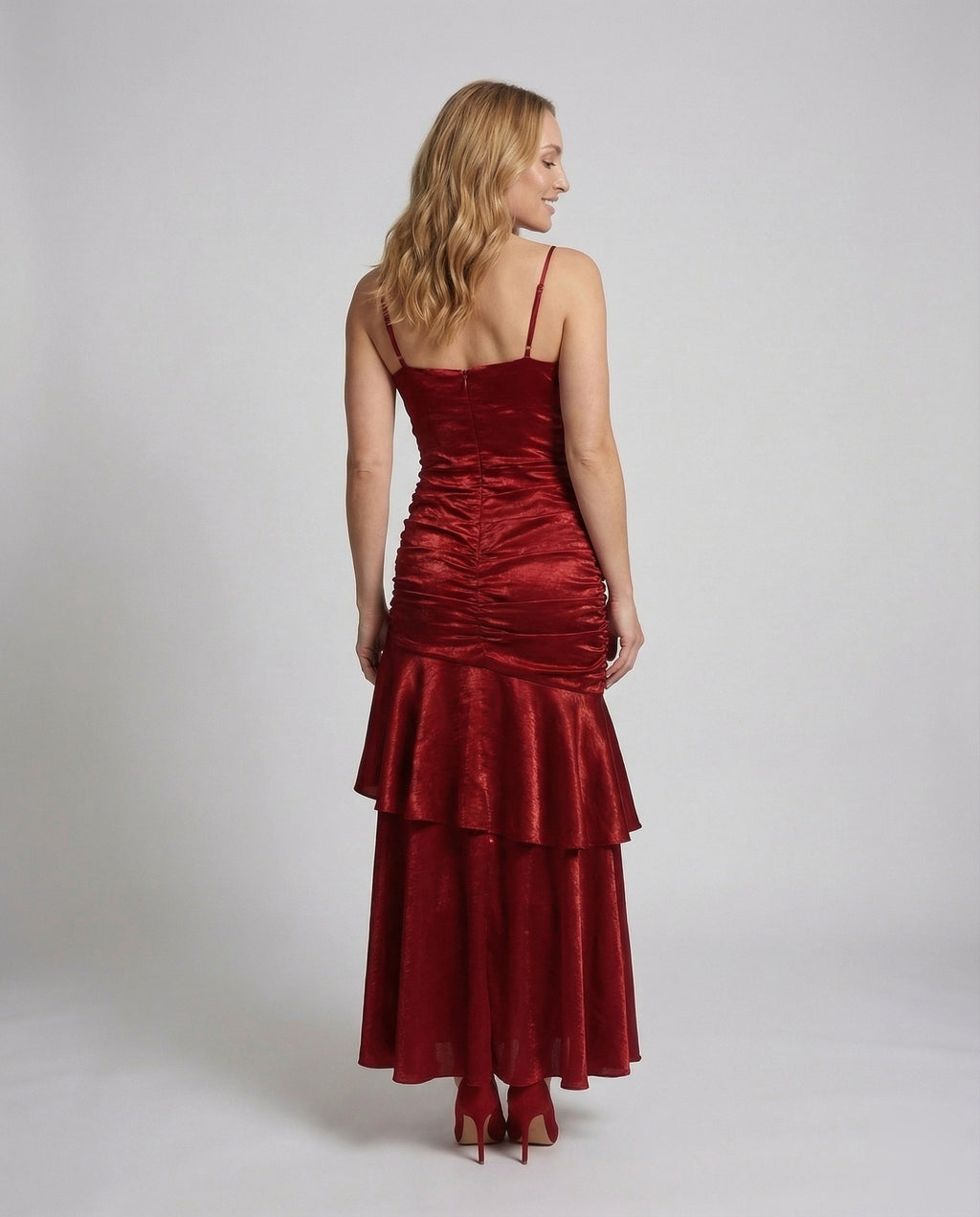 Women's Velvet Evening Dress with Ruffle Skirt - Back View