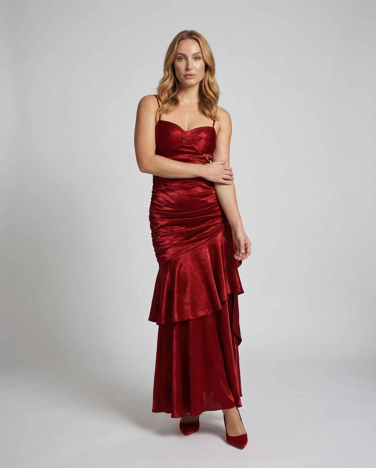 Women's Velvet Evening Dress with Ruffle Skirt - Front View