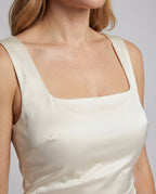 Women's Satin Evening Dress with High Slit - Close-Up Detail