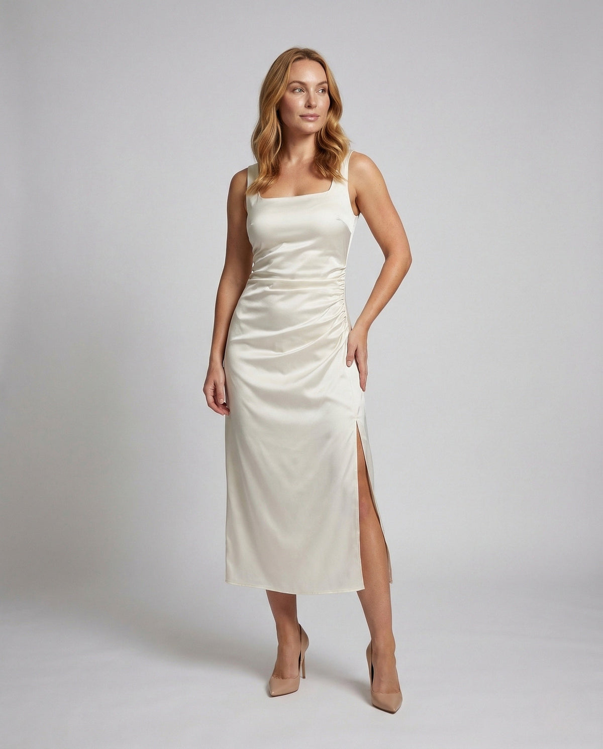 Women's Satin Evening Dress with High Slit - Front View