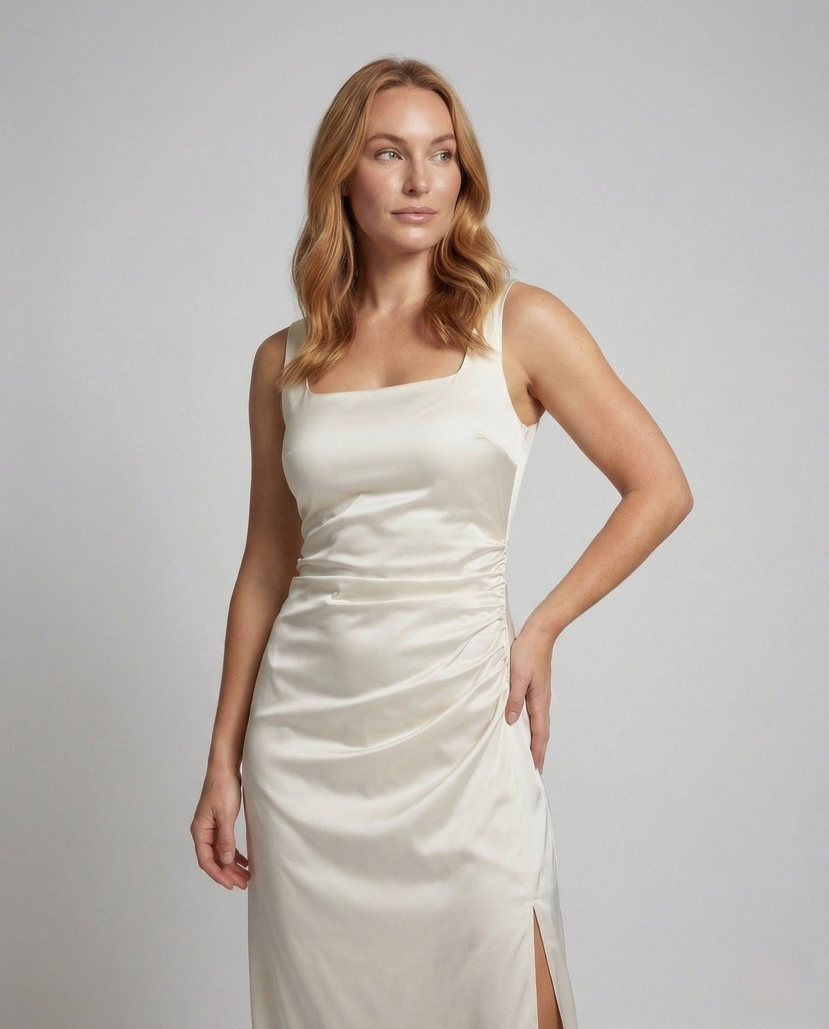 Women's Satin Evening Dress with High Slit - Upper Body View
