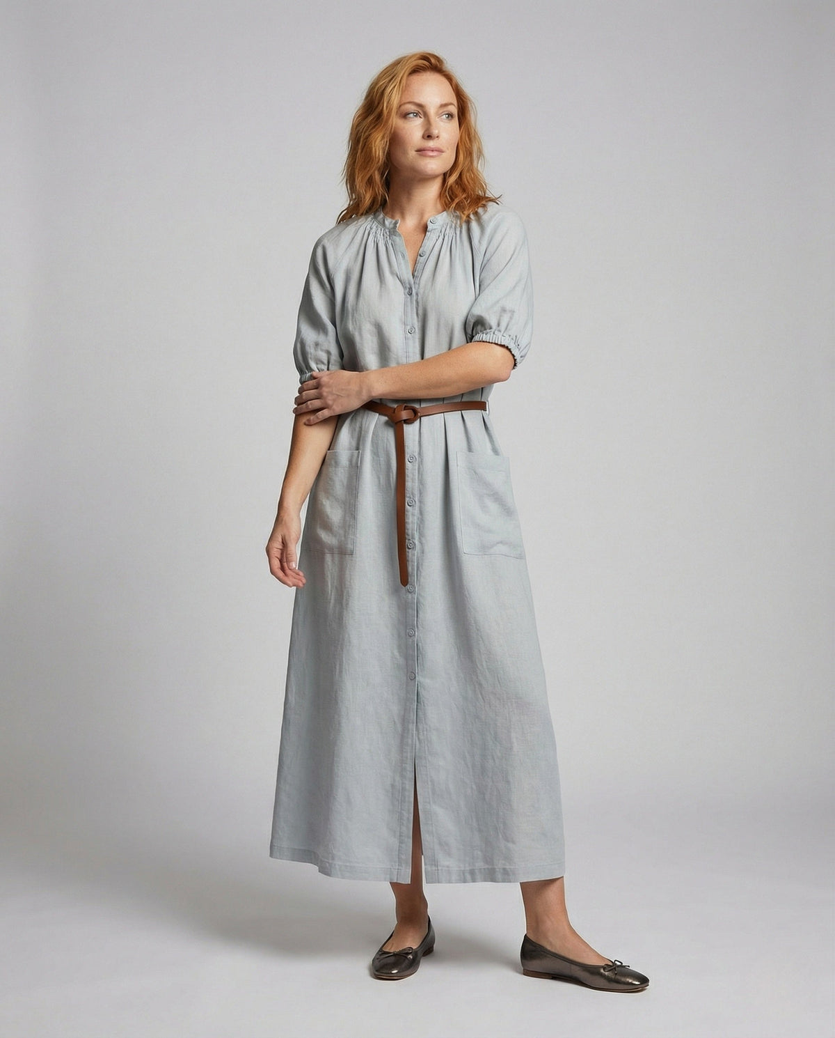 Women's Maxi Shirt Dress with Tie Belt - Front View