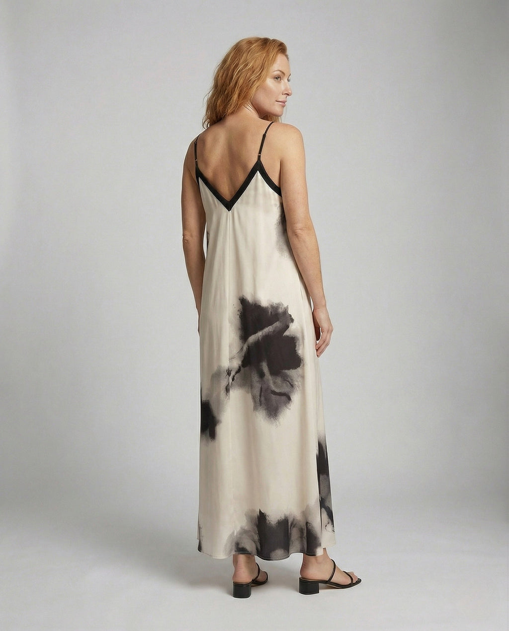 Women's Slip Dress with V-Back and Watercolor Print - Back View