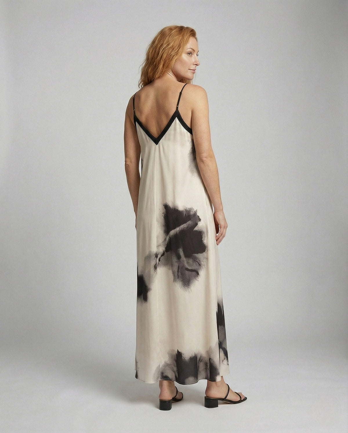 Women's Slip Dress with V-Back and Watercolor Print - Back View