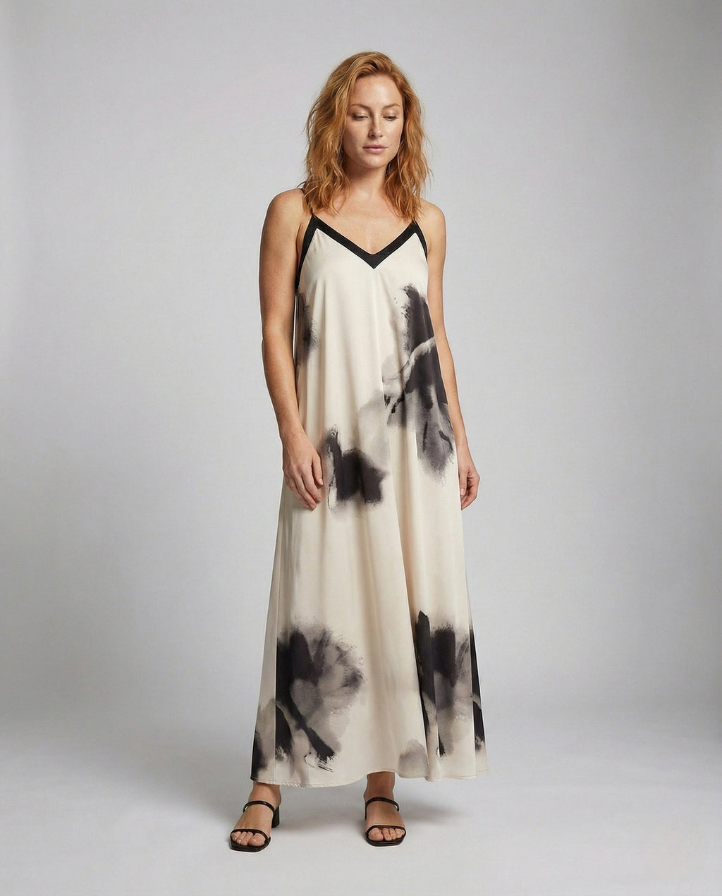 Women's Slip Dress with V-Back and Watercolor Print - Front View