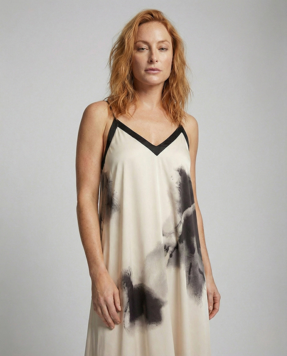 Women's Slip Dress with V-Back and Watercolor Print - Upper Body View
