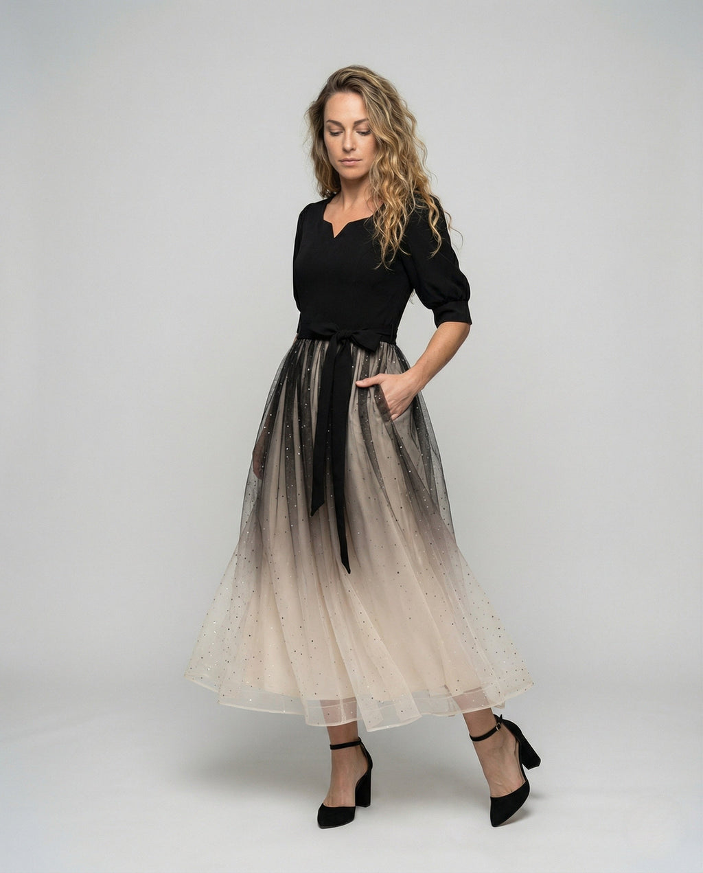 Women's Ball Gown with Velvet Top and Tulle Skirt - Front View