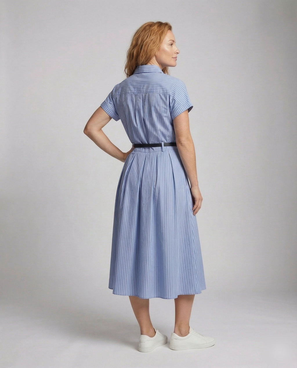 Women's Short Sleeve Shirt Dress with Pinstripes - Back View