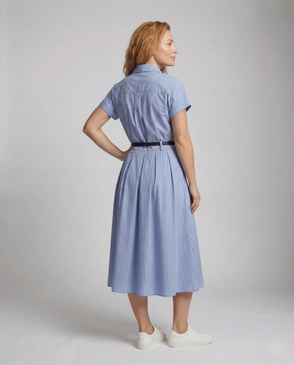 Women's Short Sleeve Shirt Dress with Pinstripes - Back View