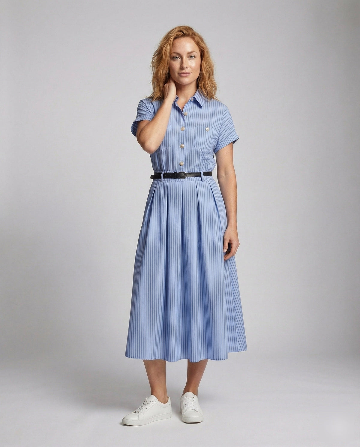 Women's Short Sleeve Shirt Dress with Pinstripes - Front View