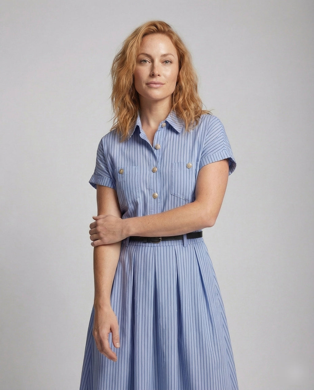 Women's Short Sleeve Shirt Dress with Pinstripes - Upper Body View