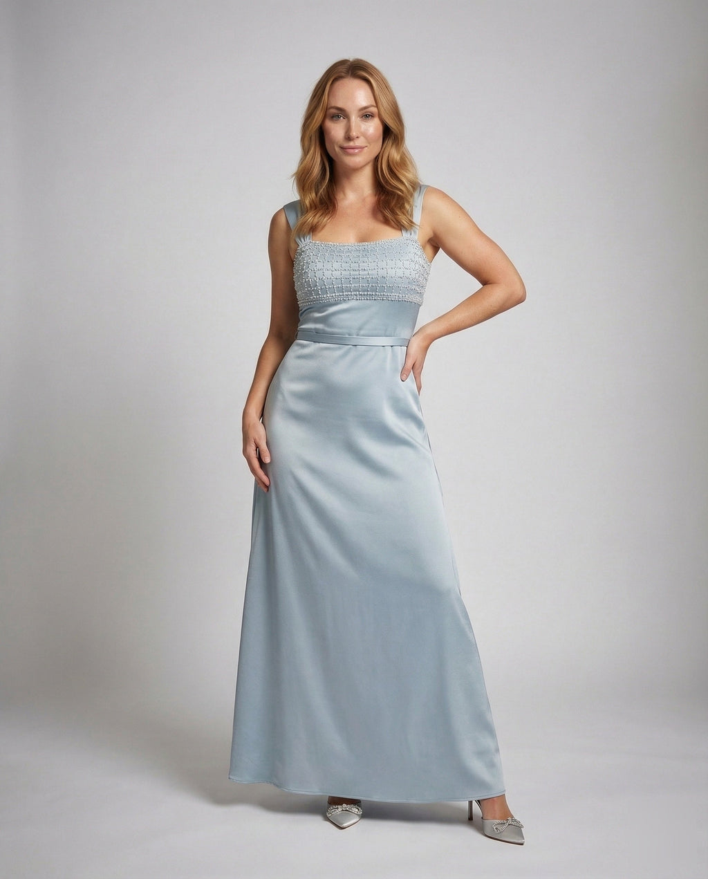 Women's Long Evening Dress with Embroidered Bustier in Empire Cut - Front View