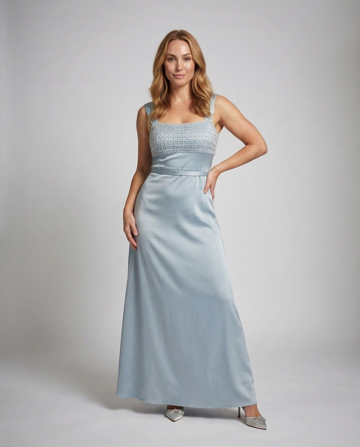 Women's Long Evening Dress with Embroidered Bustier in Empire Cut - Front View
