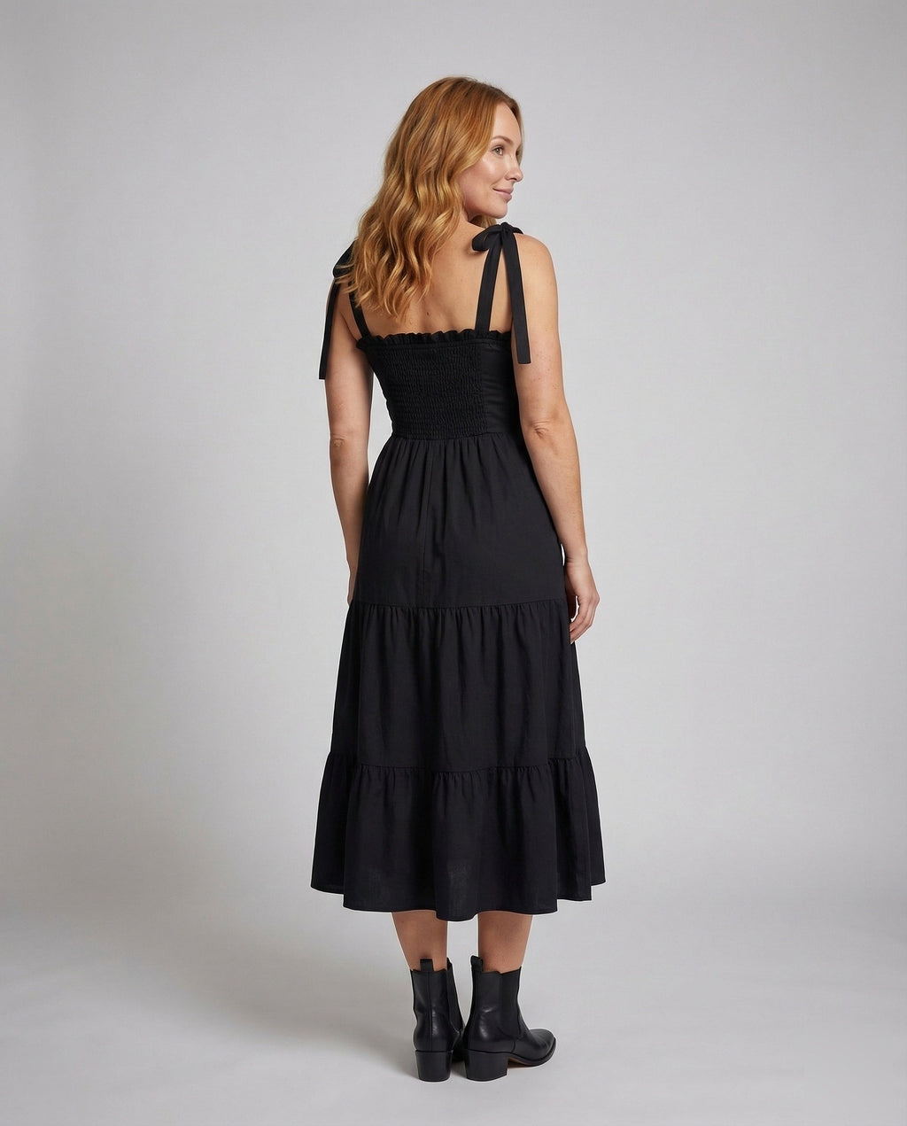 Women's Long Smok Bustier Dress with Tiered Skirt - Back View