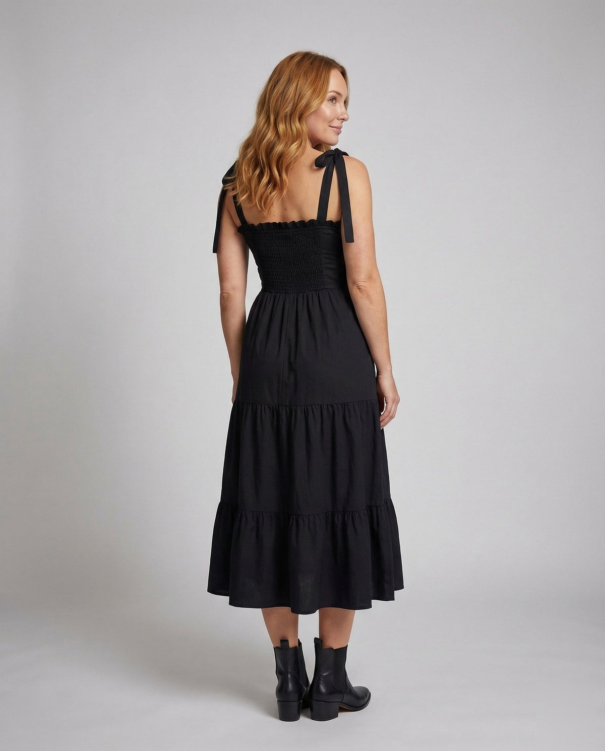 Women's Long Smok Bustier Dress with Tiered Skirt - Back View