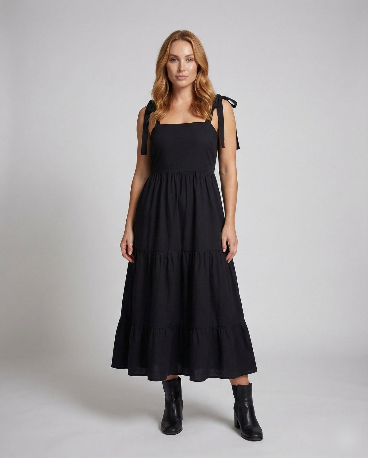 Women's Long Smok Bustier Dress with Tiered Skirt - Front View