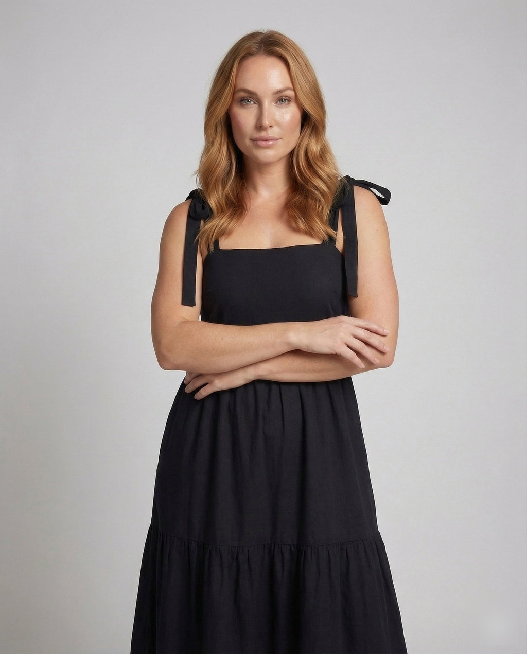 Women's Long Smok Bustier Dress with Tiered Skirt - Upper Body View