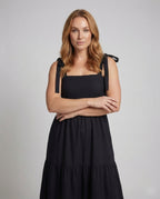 Women's Long Smok Bustier Dress with Tiered Skirt - Upper Body View