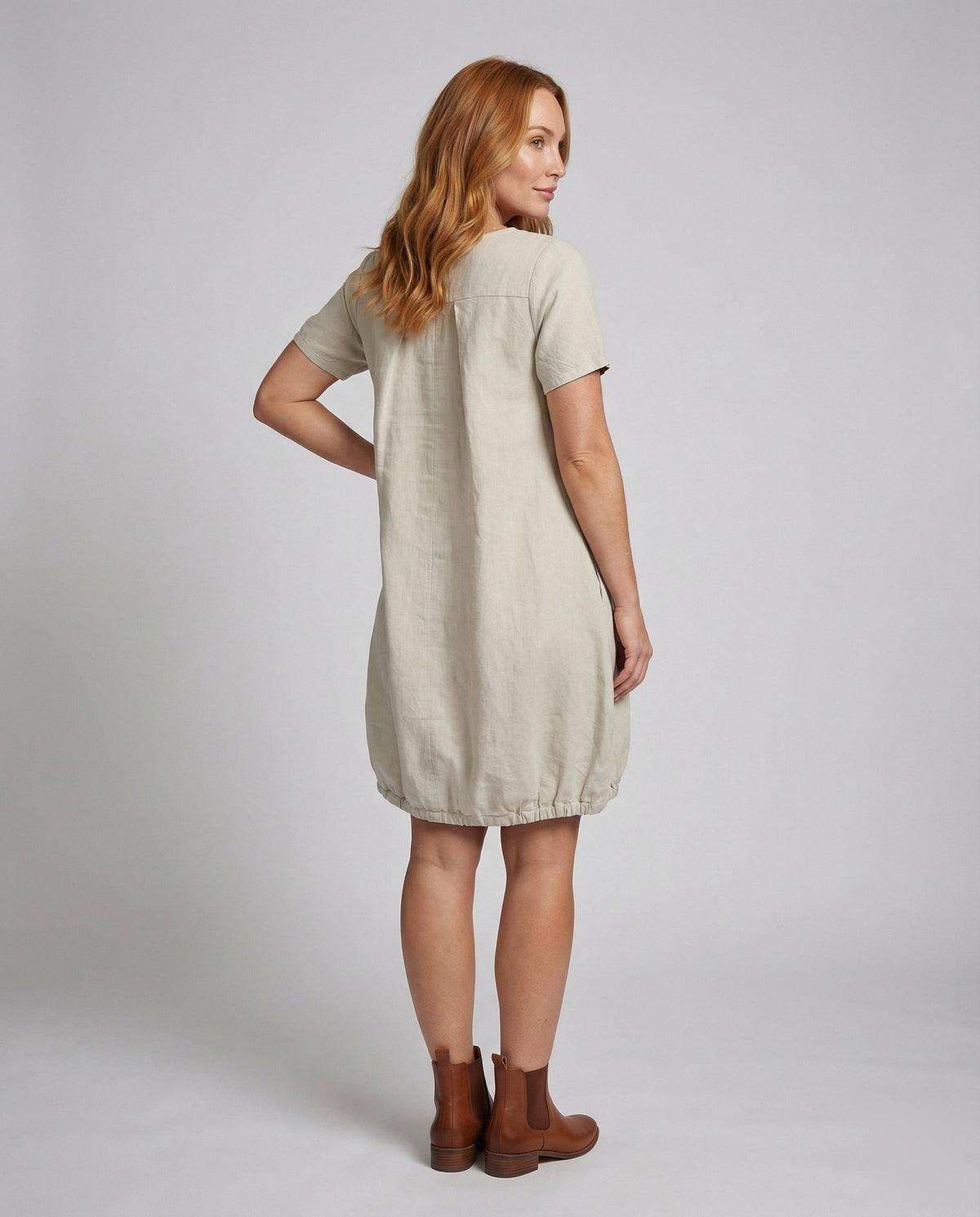 Women's Linen Short Dress in A-Line with Pockets - Back View