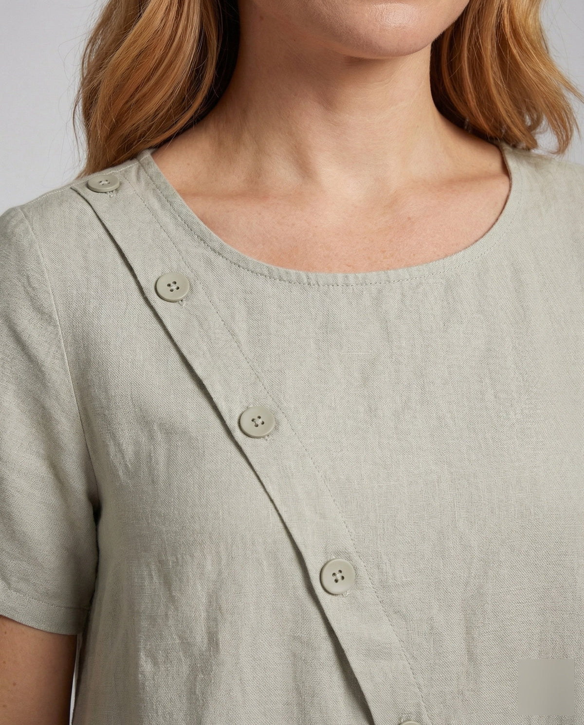 Women's Linen Short Dress in A-Line with Pockets - Close-Up Detail