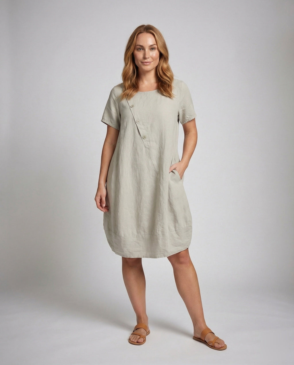 Women's Linen Short Dress in A-Line with Pockets - Front View
