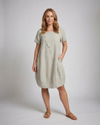 Women's Linen Short Dress in A-Line with Pockets - Front View