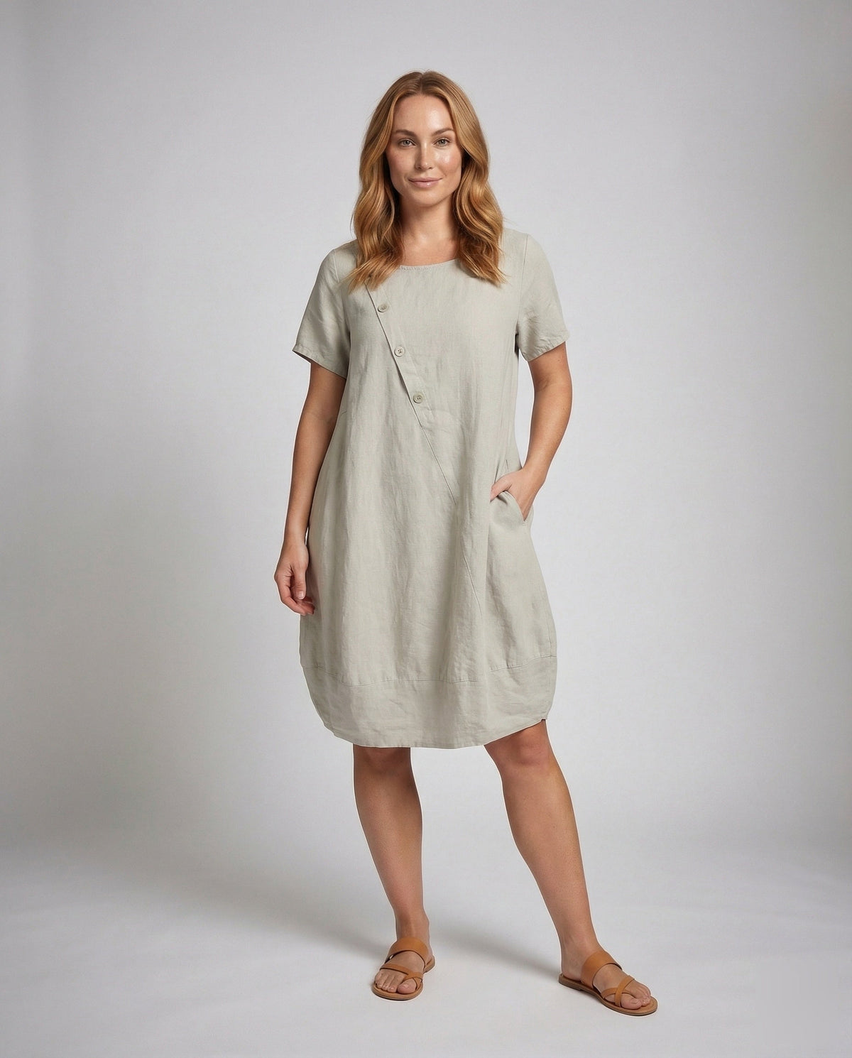 Women's Linen Short Dress in A-Line with Pockets - Front View