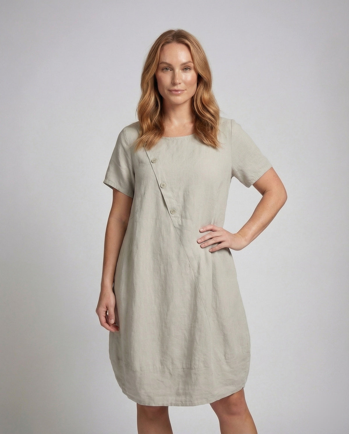 Women's Linen Short Dress in A-Line with Pockets - Upper Body View