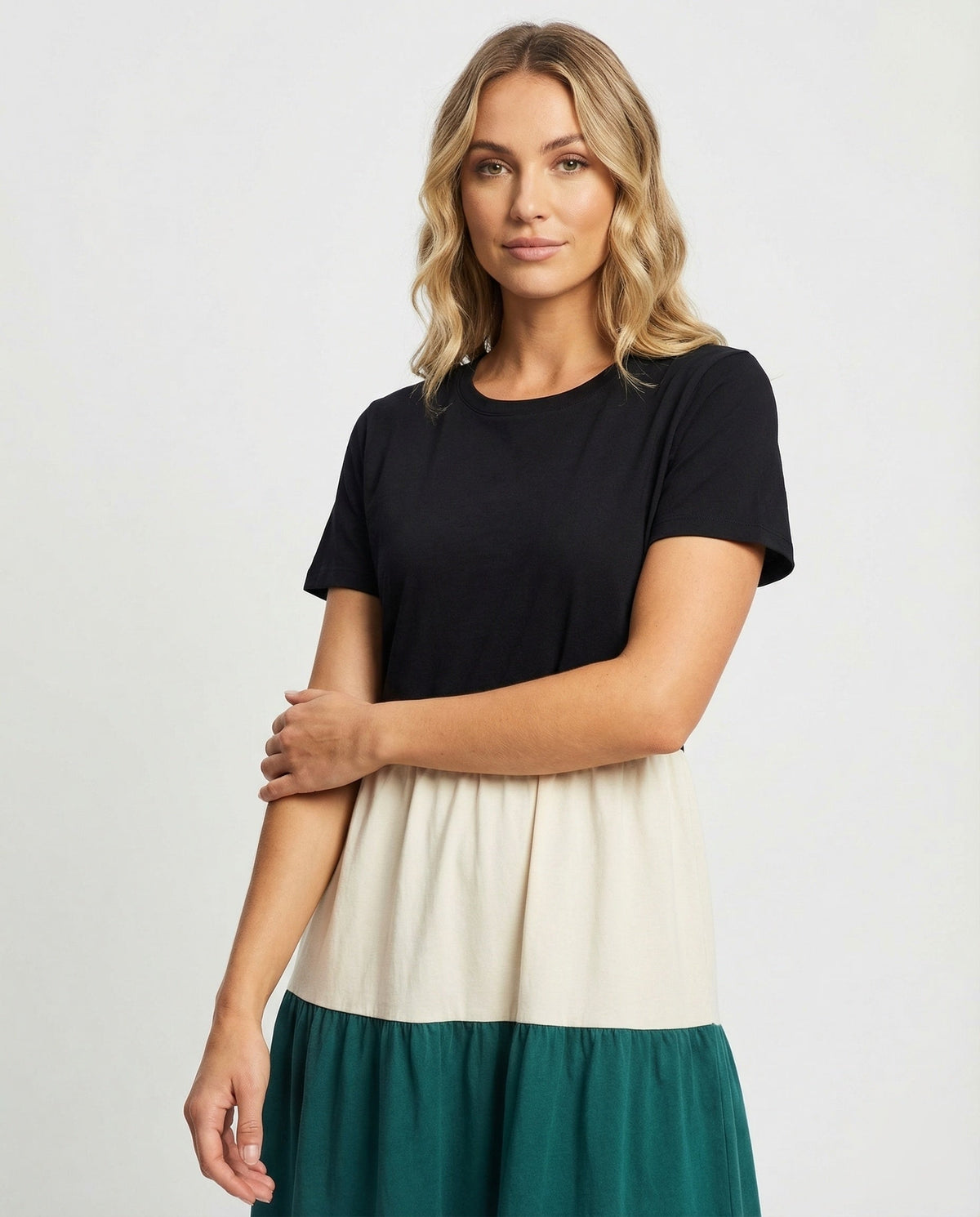 Women's Tiered Ruffle Dress made of Cotton Blend - Upper Body View