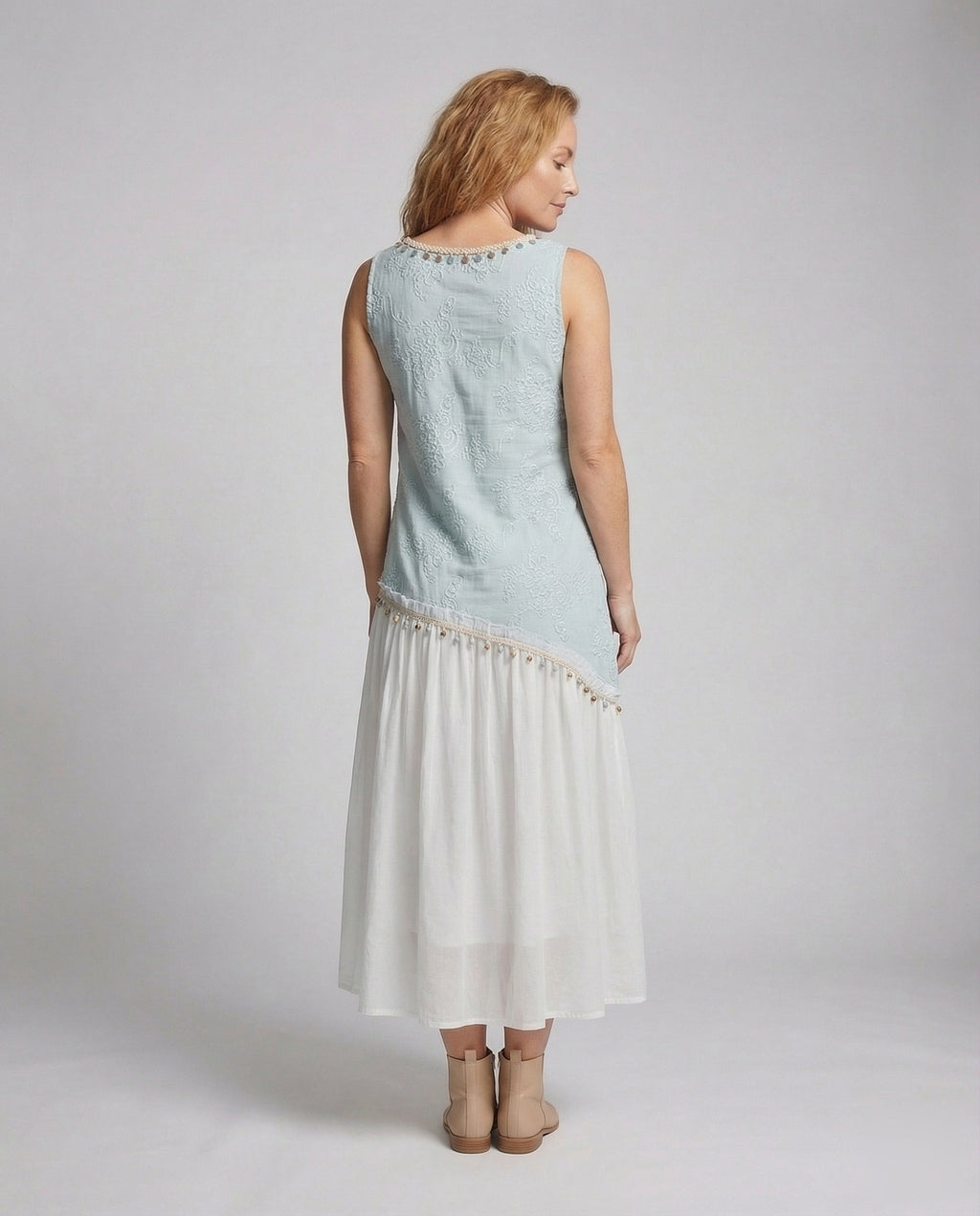 Women's Layered Midi Dress with Crochet Top - Back View