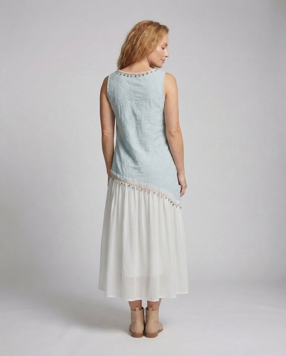 Women's Layered Midi Dress with Crochet Top - Back View