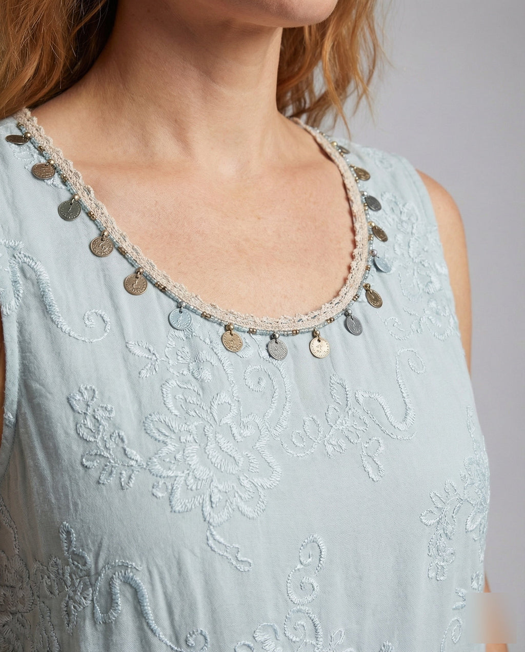 Women's Layered Midi Dress with Crochet Top - Close-Up Detail