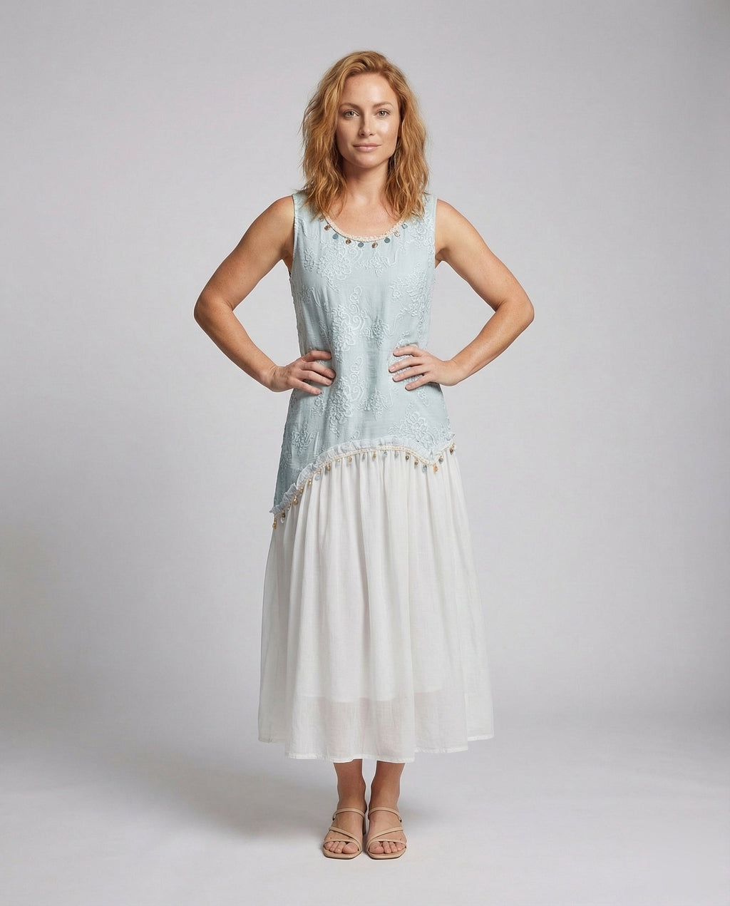 Women's Layered Midi Dress with Crochet Top - Front View