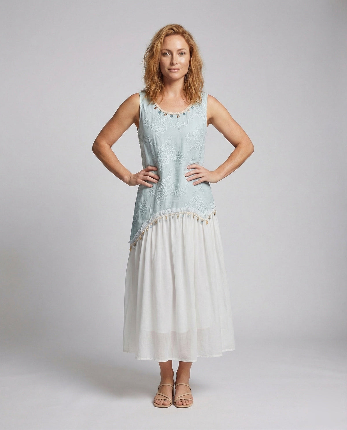 Women's Layered Midi Dress with Crochet Top - Front View