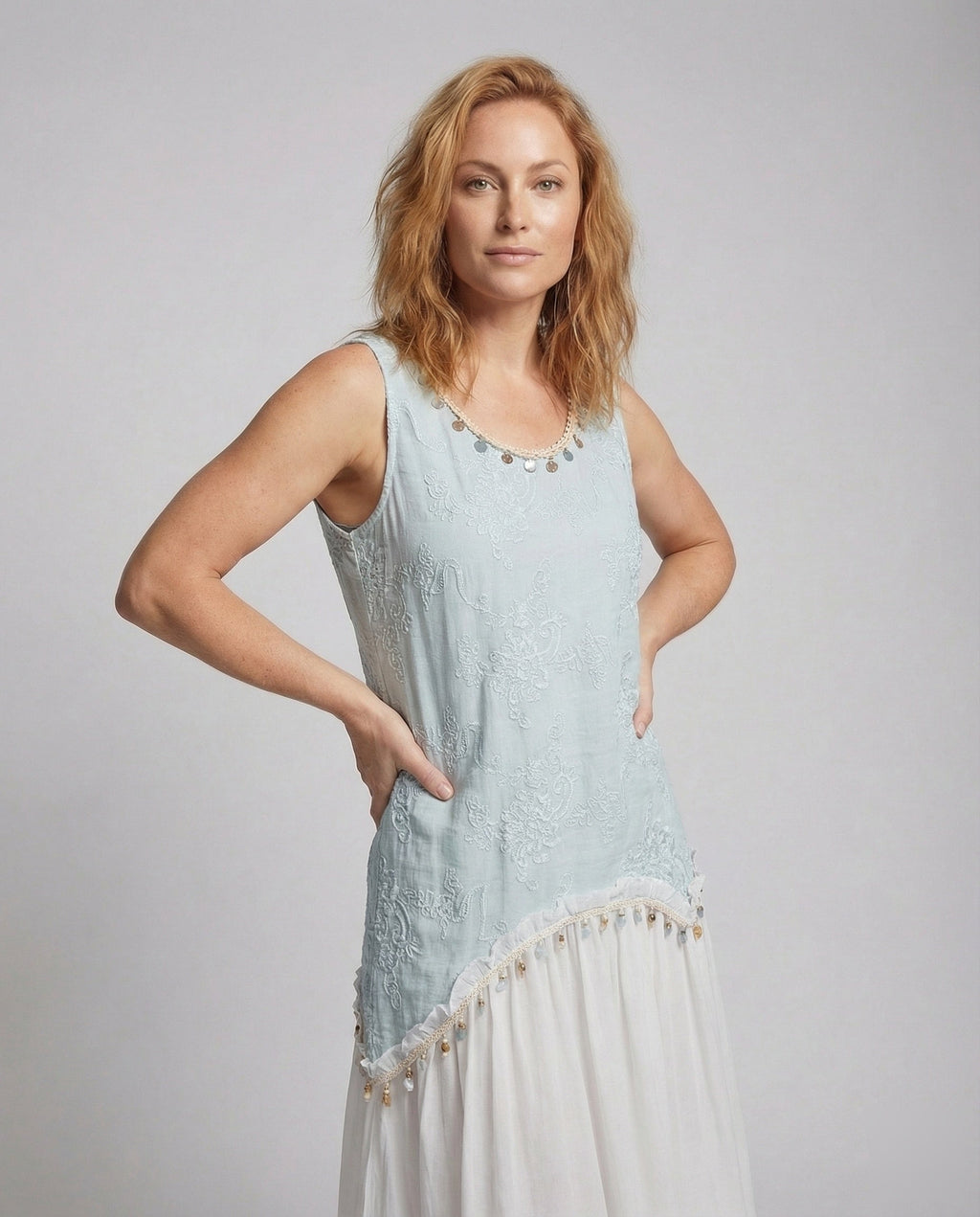 Women's Layered Midi Dress with Crochet Top - Upper Body View