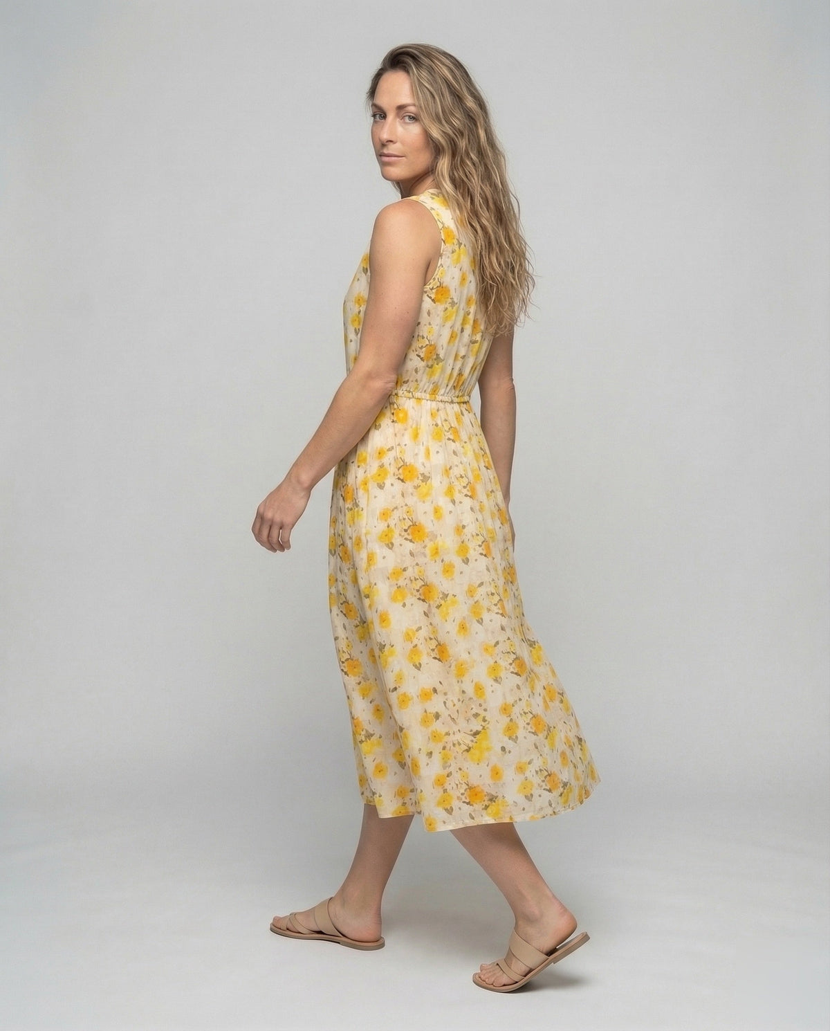 Women's Floral Midi Dress with Drawstring Waist - Back View