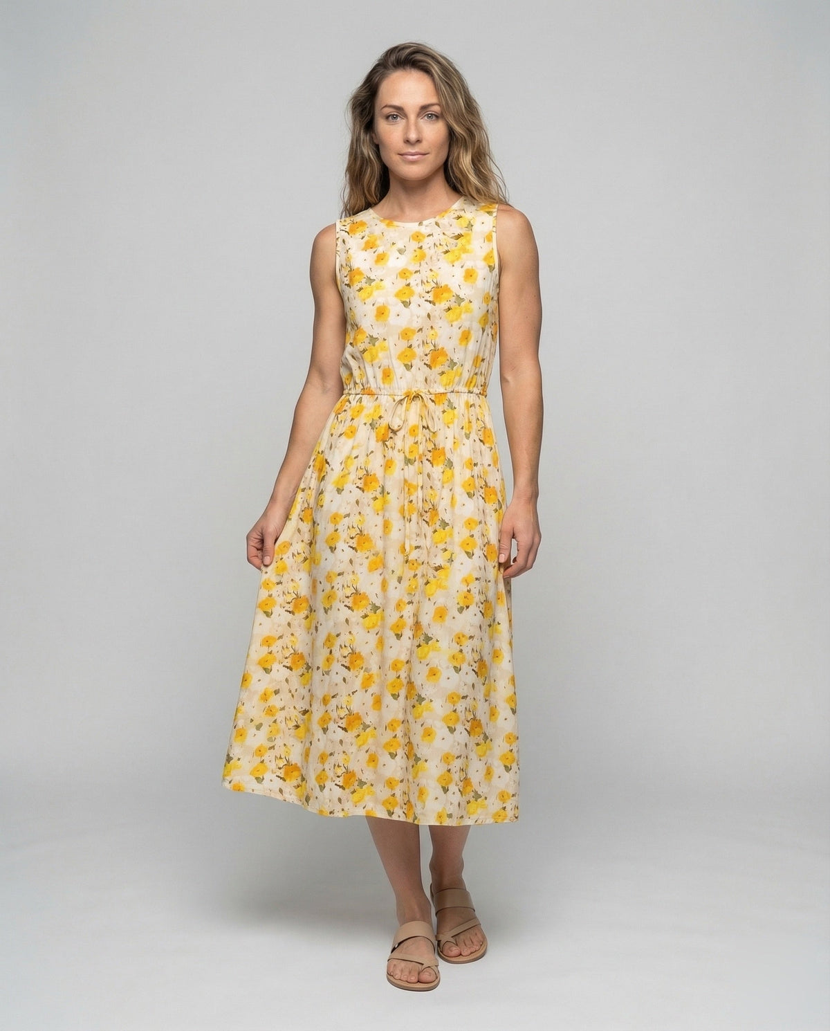 Women's Floral Midi Dress with Drawstring Waist - Front View
