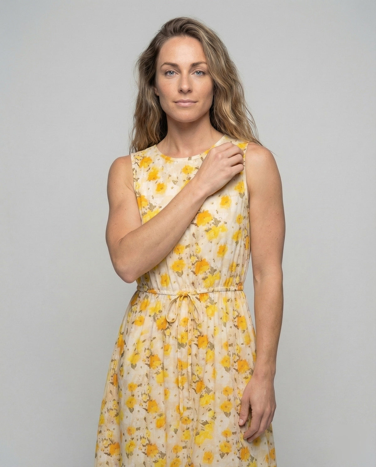 Women's Floral Midi Dress with Drawstring Waist - Upper Body View