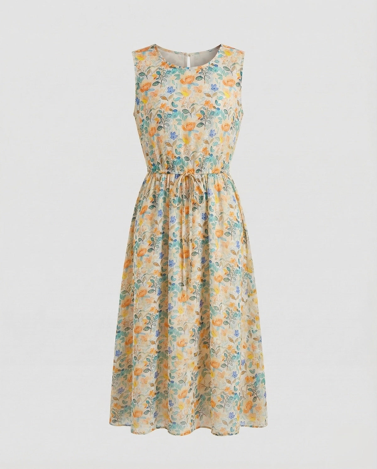 Women's Floral Midi Dress with Drawstring Waist