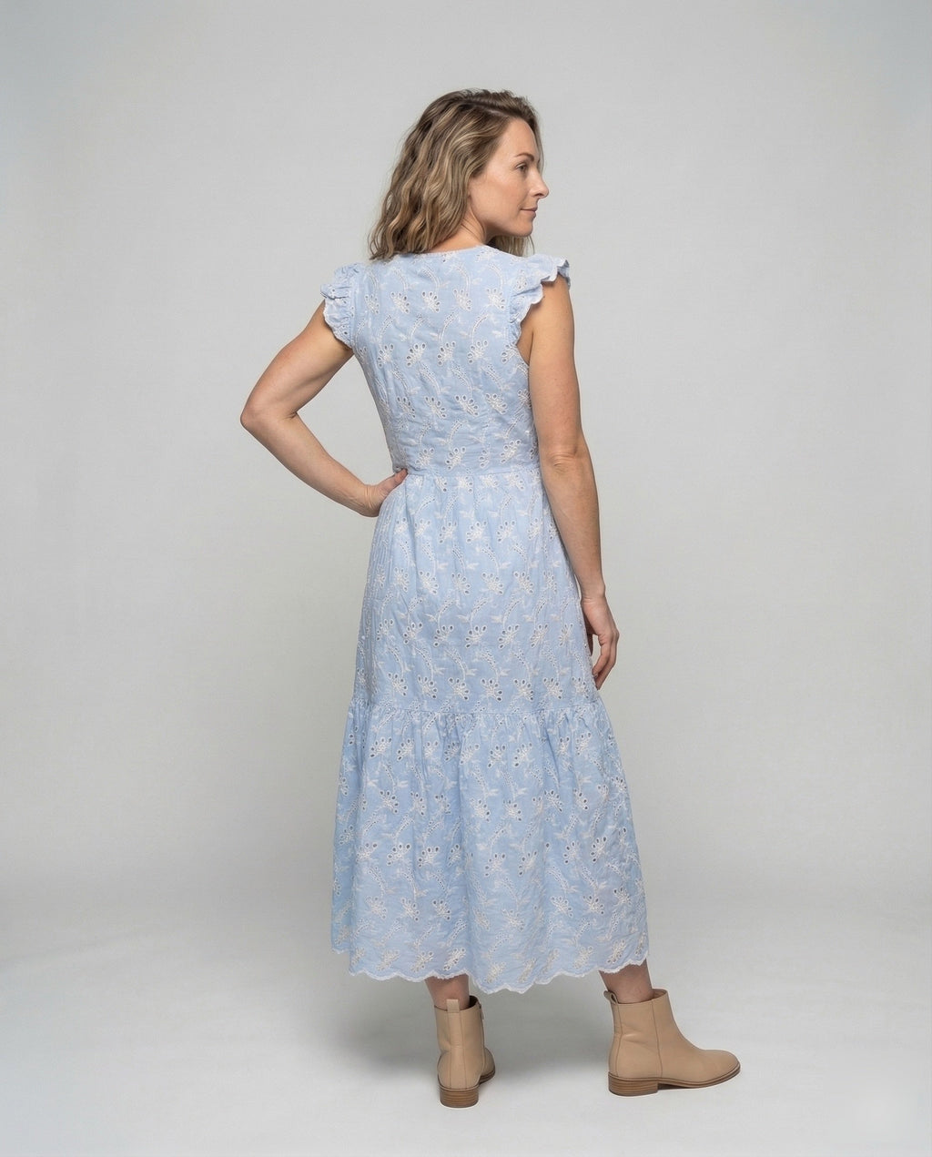Women's Eyelet Embroidery Maxi Dress with Ruffle Skirt - Back View